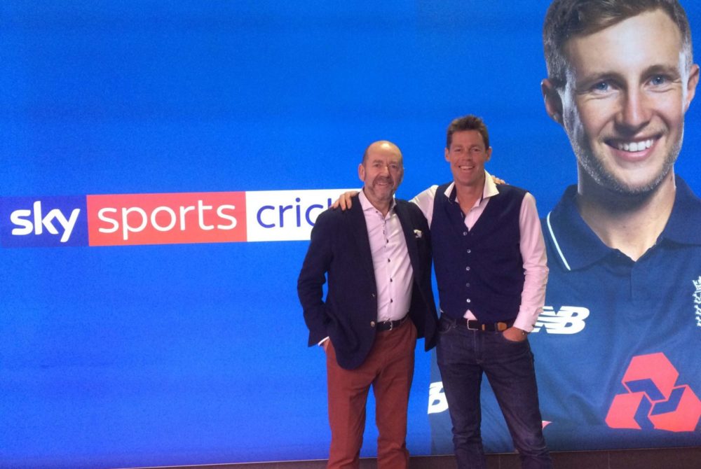 John Deane-Bowers sharing menswear tips with Nick Knight at Sky Sports Cricket HQ