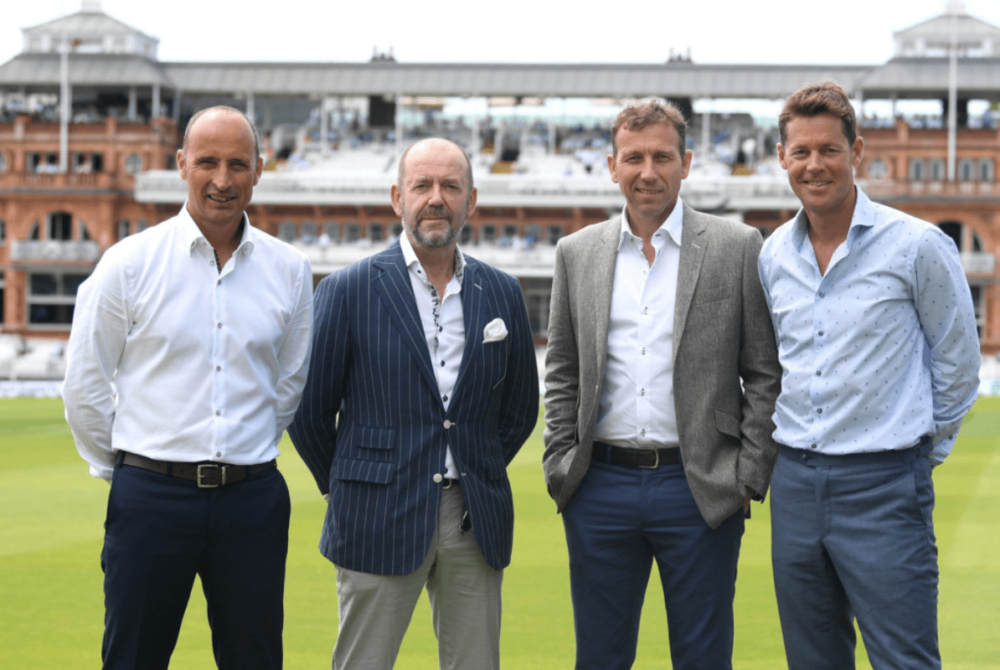 Nasser Hussain OBE, John Deane-Bowers of Trotter and Deane, Mike Atherton OBE and Nick Knight wearing Trotter & Deane menswear at Lord's cricket ground